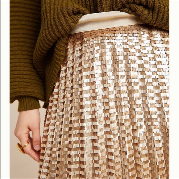 ANTHROPOLOGIE Maeve Natalia Pleated Gold Sequin Midi Skirt - Picture 2 of 15